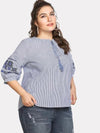 Embroidered Striped Lantern Sleeve Tied Top - Cocoa Yacht Club