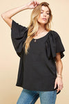 Women Solid Short Ruffle Sleeve Loose Fitting Top - Cocoa Yacht Club