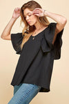Women Solid Short Ruffle Sleeve Loose Fitting Top - Cocoa Yacht Club