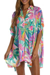 Multicolor Tropical Print Button-up Short Sleeve Beach Cover Up