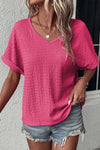Bright Pink Textured Rolled Short Sleeve V Neck Blouse - Cocoa Yacht Club