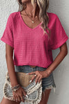 Bright Pink Textured Rolled Short Sleeve V Neck Blouse - Cocoa Yacht Club