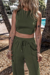 Jungle Green Solid Cropped Tank Top and Wide Leg Pants Set