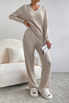 Light Grey Slouchy Ribbed Knit V Neck Top & Pants Loungewear Set - Cocoa Yacht Club