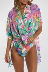 Multicolor Tropical Print Button-up Short Sleeve Beach Cover Up - Cocoa Yacht Club