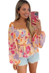 Pink Floral Print Smocked Square Neck Peplum Blouse - Cocoa Yacht Club