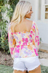 Pink Floral Print Smocked Square Neck Peplum Blouse - Cocoa Yacht Club