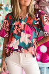 Rose Red Floral Print V Neck Lantern Sleeve Blouse - Cocoa Yacht Club