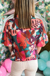 Rose Red Floral Print V Neck Lantern Sleeve Blouse - Cocoa Yacht Club