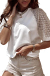 White Pointelle Lace Sleeve Loose Round Neck Tee - Cocoa Yacht Club