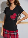 Heart Graphic V-Neck Top and Plaid Pants Lounge Set - Cocoa Yacht Club