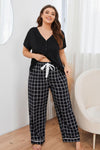 Plus Size V-Neck Top and Plaid Pants Lounge Set - Cocoa Yacht Club