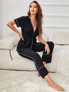 Contrast Piping Belted Top and Pants Pajama Set - Cocoa Yacht Club