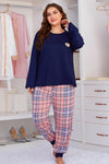 Plus Size Heart Graphic Top and Plaid Joggers Lounge Set - Cocoa Yacht Club