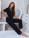 Contrast Piping Lapel Collar Short Sleeve Top and Pants Pajama Set - Cocoa Yacht Club
