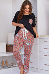 Plus Size Contrast Round Neck Tee and Floral Pants Lounge Set - Cocoa Yacht Club
