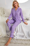 Contrast Lapel Collar Shirt and Pants Pajama Set with Pockets - Cocoa Yacht Club