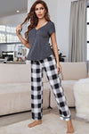 Curved Hem Short Sleeve Top and Plaid Pants Lounge Set - Cocoa Yacht Club
