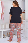 Plus Size Contrast Round Neck Tee and Floral Pants Lounge Set - Cocoa Yacht Club