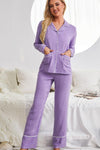 Contrast Lapel Collar Shirt and Pants Pajama Set with Pockets - Cocoa Yacht Club