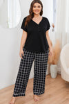 Plus Size V-Neck Top and Plaid Pants Lounge Set - Cocoa Yacht Club