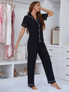 Contrast Piping Lapel Collar Short Sleeve Top and Pants Pajama Set - Cocoa Yacht Club