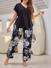Plus Size V Neck Short Sleeve T-Shirt Floral Trousers Pajamas Set - Cocoa Yacht Club
