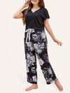 Plus Size V Neck Short Sleeve T-Shirt Floral Trousers Pajamas Set - Cocoa Yacht Club
